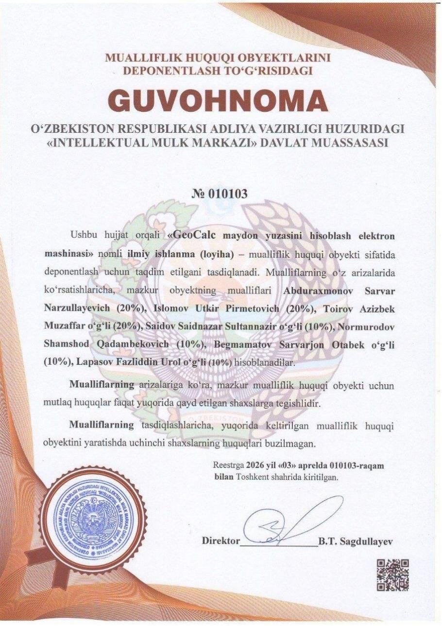 “GeoCalc” — guvohnoma № 010103, 03.04.2026